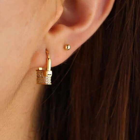18K Gold Plated Lock Huggie Hoop Earrings - Picture 2 of 7